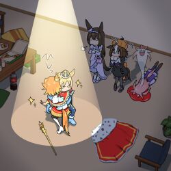  +++ 5girls admire_vega_(glacialis_vega)_(umamusume) admire_vega_(umamusume) agnes_digital_(umamusume) ahoge animal_ears aura black_dress blonde_hair blood boots bottle brown_hair capelet chair chibi closed_eyes commentary_request crossed_arms crown cup disposable_cup dress drink face_down facing_another food from_above full_body ghost giving_up_the_ghost gloves hair_between_eyes hairband hat highres horse_ears horse_girl hug ike_(user_hmra7432) implied_nosebleed indoors long_sleeves lying meisho_doto_(dot-o'-lantern)_(umamusume) meisho_doto_(umamusume) multicolored_hair multiple_girls narita_top_road_(celestial_road)_(umamusume) narita_top_road_(umamusume) official_alternate_costume on_stomach orange_hair pantyhose pizza pizza_box pizza_slice plastic_bottle puff_of_air pumpkin_hat raised_inner_eyebrows school_uniform shirt shoes short_hair sigh skirt soda soda_bottle stage_lights standing t.m._opera_o_(umamusume) table tracen_school_uniform two-tone_hair umamusume v-shaped_eyebrows 