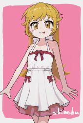  1girl a-pose apron back_bow bare_arms bare_legs bare_shoulders belt blonde_hair blush_stickers border bow bow_apron character_name closed_mouth collarbone cowboy_shot densi_ronto dot_nose flat_chest flipped_hair hair_between_eyes hair_flaps halterneck hashtag-only_commentary highres legs_together long_hair looking_at_viewer monogatari_(series) open_hands oshino_shinobu outside_border pink_background pink_skirt red_bow sidelocks skirt smile solo tongue tongue_out very_long_hair white_apron white_belt white_border yellow_eyes 