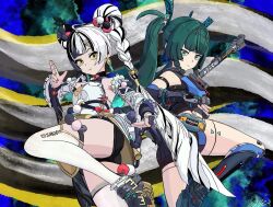 dark_green_hair dialyn_(zenless_zone_zero) fighting_stance long_hair multiple_girls qingyi_(zenless_zone_zero) standing_on_one_leg twintails two-tone_hair zenless_zone_zero
