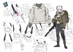  1girl absurdres assault_rifle backpack bag bedroll belt bendit binoculars black_horns black_pants blue_eyes brown_jacket closed_mouth elena_deheart_woo_(bendit) fur-trimmed_jacket fur_trim green_belt green_sweater gun highres hood hoodie horns jacket korean_text multiple_expressions multiple_views original pants reference_sheet rifle scar scar_on_face sidelocks solo standing sweater weapon white_hair white_hoodie 