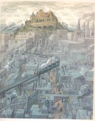  absurdres building chimney commentary_request concept_art dress grandia grandia_i highres kobayashi_osamu multiple_boys official_art railroad_tracks scan second-party_source steam tagme train 