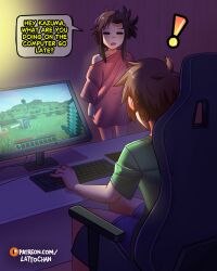  ! 1boy 1girl alternate_costume blue_shorts chair commentary english_commentary english_text gaming_chair green_shirt highres kono_subarashii_sekai_ni_shukufuku_wo! lattochan long_sleeves megumin minecraft open_mouth oversized_clothes oversized_shirt playing_games red_shirt satou_kazuma shirt shorts sleepy speech_bubble swivel_chair web_address 