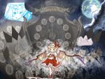  1girl ascot blonde_hair clock dress flandre_scarlet frills grey_background hat puffy_sleeves red_dress red_eyes roman_numerals short_hair socks solo touhou wings 