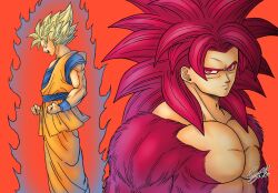  1boy aura blonde_hair blue_sash blue_shirt blue_wrist_cuffs body_fur clenched_hands cowboy_shot dougi dragon_ball dragon_ball_daima from_side gakumanabu highres long_hair male_focus medium_hair multiple_views orange_background orange_pants orange_tunic pants powering_up profile red_eyes red_fur red_hair sash shirt signature simple_background son_goku spiky_hair super_saiyan super_saiyan_1 super_saiyan_4 topless_male tunic upper_body wrist_cuffs 