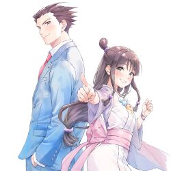  1boy 1girl absurdres ace_attorney blue_coat blue_suit breasts brown_hair clenched_hand closed_mouth coat commentary_request from_side grin hair_slicked_back hand_in_pocket height_difference highres jacket japanese_clothes jewelry kimono long_hair long_sleeves looking_at_viewer looking_to_the_side low-tied_long_hair magatama magatama_necklace maya_fey momo_oddeye necklace necktie phoenix_wright pink_sash pointing pointing_at_viewer purple_jacket red_necktie sash short_hair sidelocks simple_background sketch small_breasts smile suit topknot turning_head upper_body white_background white_kimono wristband yellow_eyes 