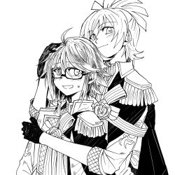  2girls ahoge black_cape black_gloves blush cape closed_mouth collared_jacket commentary_request daiba_nana epaulettes flipped_bangs flipped_hair flower glasses gloves greyscale hair_between_eyes hand_on_another's_head hand_up high_contrast high_ponytail highres hoshimi_junna hug hug_from_behind jacket kon_kyk_03 lineart looking_at_viewer monochrome multiple_girls official_alternate_costume official_alternate_hair_length official_alternate_hairstyle open_mouth ponytail print_jacket ribbon rose short_hair short_ponytail shoujo_kageki_revue_starlight side_cape simple_background single_epaulette small_sweatdrop striped_ribbon three-quarter_sleeves upper_body white_background 