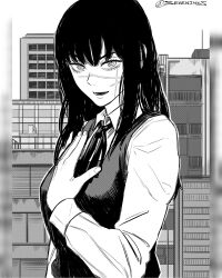  1girl alternate_breast_size_(larger) breasts building chainsaw_man commentary cross_scar dress fourth_east_high_school_uniform greyscale hand_on_own_chest highres instagram_username large_breasts monochrome open_mouth pillarboxed pinafore_dress pink_hair ringed_eyes scar scar_on_cheek scar_on_face scar_on_nose school_uniform seveninks sleeveless sleeveless_dress smile solo yoru_(chainsaw_man) 