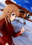  1girl airplane aksman blue_eyes brown_hair buttons charlotte_e_yeager grin long_hair smile solo strike_witches thumbs_up tire 