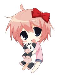  1girl :3 ahoge blue_eyes blush_stickers bow chibi chibi_only commentary doki_doki_literature_club full_body hair_bow highres holding holding_stuffed_toy jelly_(bonnybel) looking_at_viewer open_mouth pink_hair sayori_(doki_doki_literature_club) shirt short_hair shorts single_blush_sticker smile solo stuffed_cow stuffed_toy 