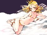  :o anklet barefoot bed bikini blonde_hair blush bracelet choker constantine_(little_witch_romanesque) cross crown feet flat_chest fur green_eyes hands_on_feet jewelry lying navel official_art on_side ooyari_ashito open_mouth pillow short_hair shoujo_mahou_gaku_little_witch_romanesque solo striped swimsuit toes wallpaper wavy_hair 
