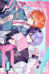  2boys aoyagi_touya blue_hair book can closed_mouth commentary english_commentary green_eyes grey_eyes hand_up head_on_another's_shoulder highres holding holding_book holding_can jacket jewelry long_sleeves looking_at_viewer male_focus mole mole_under_eye multicolored_hair multiple_boys necktie open_book orange_hair project_sekai ring shinonome_akito split-color_hair zhao_yifei 