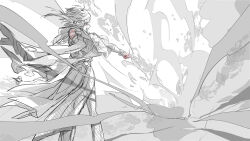  1boy anaxa_(honkai:_star_rail) cape casting_spell commentary explosion facing_away feet_out_of_frame hand_tattoo highres honkai:_star_rail honkai_(series) long_hair long_sleeves lv_minus999 male_focus pointing ponytail red_tattoo shoulder_tattoo solo tattoo 