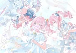  1other akiyama_mizuki arm_ribbon bare_shoulders beads black_ribbon blue_bow bow bowtie chinese_commentary commentary_request costume_request covered_eyes crossed_arms detached_sleeves dress dress_bow floral_print floral_print_dress flower frilled_dress frilled_sleeves frills hair_bow hands_up highres long_sleeves lying multiple_views on_back other_focus petals pink_eyes pink_hair pink_petals pink_ribbon print_dress project_sekai puffy_detached_sleeves puffy_sleeves ribbon short_sleeves sidelocks songie upper_body white_bow white_dress wrist_cuffs yellow_flower yellow_petals 