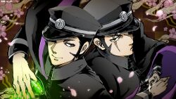  2boys absurdres back-to-back black_cape black_coat black_hair black_hat border brown_background cape checkered_background cherry_blossoms coat dated devil_summoner:_raidou_kuzunoha_vs_the_soulless_army devil_summoner_(series) flower glowing glowing_weapon grey_eyes hand_on_hilt hat high_contrast highres holding holding_knife holding_sword holding_weapon knife kuzunoha_raidou long_sideburns looking_to_the_side male_focus military_hat multiple_boys one_eye_covered ornate_border pink_flower scabbard scar scar_across_eye scar_on_face sheath sheathed sideburns smoke sword tori_(bromaticbrotrap) turning_head upper_body weapon wind 