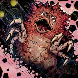  1boy 1other arthropod_boy breaking brown_eyes character_name cicada_human claw_pose claws colored_skin commentary_request compound_eyes garamon giant giant_monster highres kaiju levanshousa913 no_humans no_pupils nostrils open_mouth partial_commentary portal_(object) red_skin science_fiction sharp_teeth teeth thick_lips tokusatsu tongue translated ultra_q ultra_series yellow_eyes 