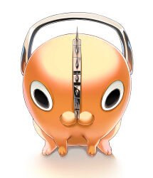  absurdres chainsaw chainsaw_man colored_skin commentary creature dog english_commentary english_text fisheye full_body handle highres machulanko orange_skin pochita_(chainsaw_man) solo staring twitter_strip_game white_background 