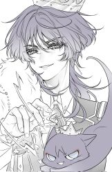  1boy alternate_costume animalization ascot bishounen blunt_ends cat crown earrings eyelashes eyeliner fang fingernails formal_clothes frilled_sleeves frills fur_shawl genshin_impact hacwss hand_up heart highres jewelry lapels lightning long_sleeves looking_at_viewer makeup male_focus muted_color person_and_animalization portrait purple_cat purple_hair red_eyeliner red_pupils scaramouche_(cat)_(genshin_impact) scaramouche_(genshin_impact) shawl shirt smirk solo tsurime undershirt vest violet_eyes white_ascot white_background white_shirt wing_collar 