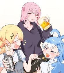  3girls absurdres alcohol beer beer_bottle beer_mug black_hoodie blonde_hair blue_hair cup highres hololive hololive_english hololive_indonesia hood hoodie kenzeeato kobo_kanaeru mori_calliope mug multiple_girls otonose_kanade pink_hair red_eyes virtual_youtuber 