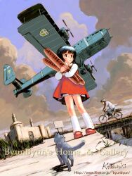  1boy 1girl aircraft airplane animal artist_name bad_id baguette bicycle bicycle_helmet biplane black_cat black_eyes black_hair blue_sky bread bridge cat closed_mouth clouds commentary dress flying food from_below full_body helmet holding_bread layered_dress leg_warmers looking_to_the_side original outdoors pinafore_dress propeller red_dress red_shoes shirt shoes short_hair signature sky sleeveless sleeveless_dress solo_focus standing tsuzuki_kazuhiko turning_head web_address white_leg_warmers white_shirt wooden_bridge 