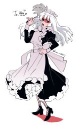  1girl :o animification apron back_bow black_dress black_shoes bow commentary_request dress duster enmaided feather_duster fishnet_pantyhose fishnets frilled_apron frilled_dress frills full_body green_eyes haaa_om007ls hand_on_own_hip hand_up harumi_(ninjago) high_heels highres holding juliet_sleeves korean_commentary long_hair long_sleeves looking_at_viewer maid maid_headdress ninjago open_mouth pantyhose puffy_sleeves red_facepaint shoes simple_background solo standing white_apron white_background white_bow white_hair 