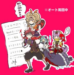  3boys 4girls animal_ears aqua_hair bad_id bad_pixiv_id blonde_hair blue_eyes blush_stickers braid bright_pupils brown_vest carrying_over_shoulder cat_boy charles_perrault_(grimms_notes) charles_perrault_(original)_(grimms_notes) dress dwarf_(grimms_notes) full_body grimms_notes highres long_hair mini_person minigirl misoshiru_umai4 multiple_boys multiple_girls paper parted_lips princess_aurora_(grimms_notes) princess_aurora_(original)_(grimms_notes) purple_dress purple_hair purple_tail puss_in_boots_(grimms_notes) queen_of_hearts_(grimms_notes) red_eyes shirt translation_request vest white_hair white_pupils white_shirt 