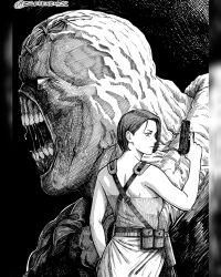  1boy 1girl breasts commentary_request crosshatching greyscale gun hatching_(texture) highres holding holding_gun holding_weapon instagram_username jill_valentine large_breasts linear_hatching looking_to_the_side monochrome monster nemesis_(resident_evil) pillarboxed pouch resident_evil resident_evil_3:_nemesis saliva seveninks short_hair spanish_commentary strapless teeth trigger_discipline tube_top weapon 