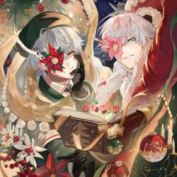  2boys asuka_r._kreutz bell black_gloves book candle candy candy_cane christmas christmas_tree closed_mouth commentary_request food gg_beginner gloves grimoire guilty_gear guilty_gear_strive hat highres jingle_bell male_focus multiple_boys one_eye_covered pages robe santa_costume santa_hat scarf short_hair solo space white_hair white_robe yellow_eyes 