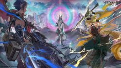  1girl 2boys arknights armor bare_shoulders black_choker black_cloak black_dress black_hair black_pants black_shoes blonde_hair blue_streaks brown_horns chinese_clothes choker cloak closed_mouth commentary_request copyright_notice dragon_boy dragon_horns dragon_tail dress earrings eastern_dragon_horns eastern_dragon_tail electricity electrokinesis flower_pot full_body gloves gradient_hair hair_between_eyes hand_up hataya holding holding_flower_pot holding_sword holding_weapon horns jacket jewelry leizi_(arknights) leizi_the_thunderbringer_(arknights) long_hair long_sleeves mountain multicolored_cloak multicolored_hair multiple_boys official_art pants pink_eyes pointy_ears red_ribbon ribbon shirt shoes solo streaked_hair sword tail tassel two-sided_cloak two-sided_fabric vambraces violet_eyes weapon white_gloves white_jacket white_shirt yi_(arknights) zuo_le_(arknights) 