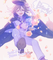  1boy backlighting black_cape black_hat buttons cape character_name checkered_clothes collared_shirt commentary_request danganronpa_(series) danganronpa_v3:_killing_harmony dated dynamic_pose english_text flipped_hair flower formal_clothes gun hair_between_eyes hand_up happy happy_birthday hat hat_tip holding holding_gun holding_weapon long_sleeves looking_at_viewer male_focus military_hat oma_kokichi open_mouth pants peaked_cap pink_flower pink_rose prank purple_hair purple_theme rose shirt short_hair simple_background smile solo sparkle standing teeth tourin_fuwa twitter_username violet_eyes weapon 