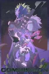  1boy 765_nanami beelzebumon blonde_hair bullet commentary commission cowboy_shot digimon digimon_(creature) dorumon dragon english_commentary eye_mask forehead_jewel gun holding holding_gun holding_weapon mask red_scarf scarf short_hair smirk smoke smoking_barrel third_eye weapon yellow_eyes 