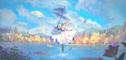  1girl absurdres artist_request autumn_leaves clouds cloudy_sky commentary_request dress frilled_dress frills hair_ribbon highres holding holding_umbrella incredibly_absurdres lake landscape leaf original parasol ribbon sky tagme umbrella violet_evergarden violet_evergarden_(series) walking walking_on_liquid 