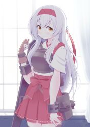  1girl absurdres brown_eyes brown_gloves commentary_request commission cowboy_shot flight_deck gloves hakama hakama_short_skirt hakama_skirt headband highres japanese_clothes kantai_collection long_hair mikoko1 muneate partially_fingerless_gloves red_hakama red_headband rigging shoukaku_(kancolle) shoukaku_kai_ni_(kancolle) skeb_commission skirt smile solo standing tasuki very_long_hair white_hair yugake 