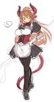 1girl alternate_costume anneroze_siryou apron black_legwear blush_stickers breasts corset demon_girl demon_tail enmaided gloves hand_on_hip horns huge_breasts long_hair maid mel/a pantyhose pointy_ears ponytail redhead rough shingeki_no_bahamut slit_pupils solo tail waist_apron white_gloves yellow_eyes 