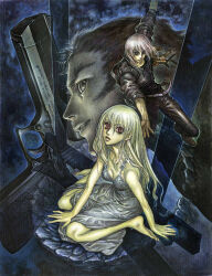  1girl 2boys bare_shoulders belt brown_hair brown_jacket brown_shoes cover cover_page dai_yagashira dark_background desert_eagle dress gun handgun hands_on_floor hanging highres holding holding_gun holding_weapon huge_weapon israel jacket kneeling limited_palette long_sideburns looking_to_the_side lower_teeth_only multiple_boys novel_cover novel_illustration official_art on_floor open_mouth outstretched_arm pale_skin red_eyes science_fiction shoes sideburns slip-on_shoes strap teeth treasure_hunter_yagashiradai_file v-shaped_eyebrows weapon white_dress white_hair wrinkled_fabric yonemura_kouichirou 