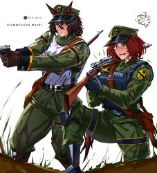  2girls air_shakur_(umamusume) animal_ears belt black_belt black_gloves black_hair blush body_armor brown_gloves brown_hair bulletproof_vest closed_mouth commentary commission ears_through_headwear english_commentary gloves green_jacket green_pants green_shirt gun hair_between_eyes handgun hat highres holding holding_gun holding_weapon horse_ears horse_girl jacket kneeling long_hair long_sleeves meisho_doto_(umamusume) military military_combat_uniform military_hat military_uniform multicolored_hair multiple_girls n10_arts open_mouth pants peaked_cap rifle scar scar_on_face shirt short_hair soldier tail two-tone_hair umamusume violet_eyes weapon yellow_eyes 