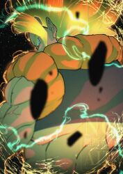  1boy aura black_background black_vest blonde_hair cropped_vest debris dragon_ball dragon_ball_z electricity from_behind gogeta green_eyes highres looking_at_viewer looking_back male_focus metamoran_vest muscular muscular_male no_shirt solo spiky_hair stktik09060906 super_saiyan super_saiyan_1 vest watermark 