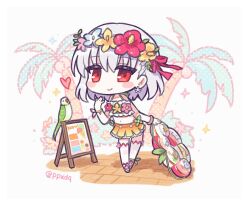  1girl bird blue_flower blush_stickers bracelet chibi commentary earrings fate/grand_order fate_(series) flower flower_bikini flower_earrings flower_wreath gradient_clothes gradient_skirt green_skirt grey_hair head_wreath heart hibiscus holding holding_swim_ring jewelry kama_(fate) kama_(swimsuit_avenger)_(first_ascension)_(fate) kama_(young)_(fate) looking_at_viewer orange_skirt outdoors palm_tree parrot pink_flower ppxdq red_eyes red_flower sandwich_board short_hair simple_background skirt smile solo swim_ring symbol-only_commentary tree white_background yellow_flower 