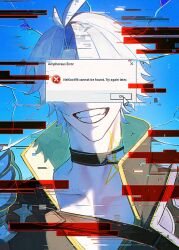  1boy antenna_hair armor black_choker black_shirt choker collarbone commentary covered_eyes cracked_screen cursor error_message glitch grin highres honkai:_star_rail honkai_(series) male_focus moonya neck_tattoo parted_bangs pauldrons phainon_(honkai:_star_rail) shirt short_hair shoulder_armor single_pauldron smile solo sun_symbol sun_tattoo tattoo teeth upper_body white_hair window_(computing) 