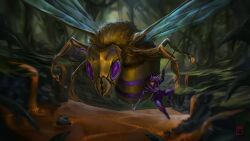  1girl antennae armor battle bee bee_wings blurry blurry_background bohrokki boss_fight bug dripping flying full_armor full_body gameplay_mechanics giant giant_monster grappling_hook gun helmet highres holding holding_weapon honey insect_wings jungle leaf monster motion_blur nature non-web_source plant player_character_(terraria) pump_action queen_bee queen_bee_(terraria) rock scenery shotgun smoke smoking_barrel terraria tree underground vines violet_eyes weapon wings 