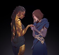  1boy 1girl arcane:_league_of_legends armor bare_arms bare_shoulders black_background blush brown_eyes brown_hair ccattnipp closed_mouth colored_skin colored_veins couple dark-skinned_female dark_skin dreadlocks ear_blush english_commentary from_side glitter glitter_makeup gold_armor gold_tattoo hair_up hand_on_another's_hand hetero highres holding_hands interracial league_of_legends long_hair looking_down mel_(league_of_legends) mole multicolored_skin nose_blush parted_bangs parted_lips shoulder_plates standing suit two-tone_skin upper_body very_dark_skin viktor_(arcane) viktor_(league_of_legends) 