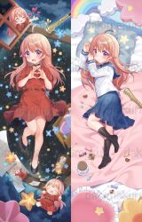  1girl :d ^_^ ahoge arm_up black_choker black_shoes black_socks blue_sailor_collar blue_skirt blush candy_wrapper character_doll checkerboard_cookie choker closed_eyes closed_mouth cookie craytm dakimakura_(medium) doll dress food frilled_pillow frills hand_up heart highres knee_up long_hair long_sleeves lying multiple_views no_shoes notice_lines on_back on_side pillow pink_hair pleated_skirt puffy_long_sleeves puffy_sleeves red_dress sailor_collar school_uniform serafuku shirt shoes skirt smile socks star_(symbol) very_long_hair violet_eyes wakatsuki_nico watermark white_shirt witch_watch 