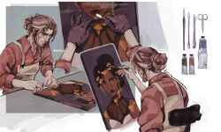  1boy absurdres apron arcane:_league_of_legends art_brush black_gloves brown_hair canvas_(object) chair closed_mouth collared_shirt colored_veins dark-skinned_female dark_skin dreadlocks english_commentary facial_hair glitter glitter_makeup gloves gold_tattoo hair_bun hair_ornament hair_up highres holding holding_paintbrush indoors league_of_legends looking_down mel_(league_of_legends) multicolored_hair on_chair paint paint_palette paintbrush painting_(object) portrait_(object) red_shirt shade shirt shoulder_plates sitting sleeves_rolled_up solo standing streaked_hair table upper_body very_dark_skin viktor_(arcane) viktor_(league_of_legends) wr0wn 