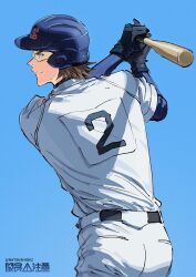  1boy ace_of_diamond baseball baseball_bat baseball_helmet baseball_uniform batting_stance belt black_belt black_gloves blue_background brown_hair closed_mouth commentary_request gloves goggles helmet highres holding holding_baseball_bat layered_sleeves long_sleeves looking_ahead male_focus miyuki_kazuya natsushio_(x2i2a) pants shirt shirt_tucked_in short_hair short_over_long_sleeves short_sleeves simple_background solo sportswear twitter_username white_pants white_shirt 