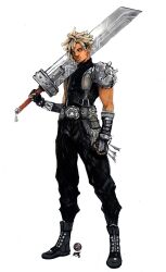  1boy alternate_skin_color armor beard_stubble black_boots black_gloves black_pants black_sweater blonde_hair boots buster_sword cloud_strife dark-skinned_male dark_skin darkened_skin dreadlocks earrings expressionless facial_hair final_fantasy final_fantasy_vii fingerless_gloves full_body gloves highres holding holding_sword holding_weapon jewelry looking_at_viewer male_focus nikolas_draper-ivey over_shoulder pants pauldrons shinra_infantry_uniform short_hair shoulder_armor simple_background single_pauldron single_shoulder_pad sleeveless sleeveless_turtleneck solo standing stubble stud_earrings sweater sword sword_over_shoulder turtleneck very_dark_skin weapon weapon_over_shoulder white_background 