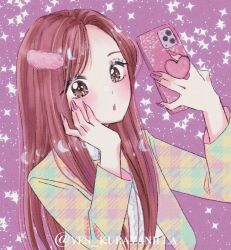  1girl aespa blush brown_eyes brown_hair commentary fingernails giselle_(aespa) hand_on_own_cheek hand_on_own_face hashtag-only_commentary holding holding_phone jacket k-pop long_fingernails long_hair makeup mascara open_mouth phone pink_nails purple_background real_life solo symbol-only_commentary twitter_username upper_body yes_kuravanilla 
