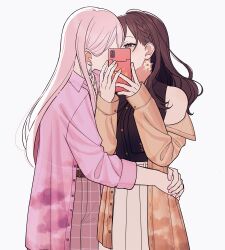  1girl 1other absurdres akiyama_mizuki androgynous black_hair black_shirt braid brown_coat brown_eyes cellphone coat commentary couple cowboy_shot earrings fingernails flower_earrings hands_up highres implied_kiss jewelry long_hair mutu_(25love) off_shoulder open_clothes open_coat other_with_female pants phone pink_coat pink_hair pink_pants project_sekai see-through_clothes see-through_coat shinonome_ena shirt side_braid simple_background skirt sleeveless sleeveless_shirt smartphone standing unbuttoned white_background white_skirt 