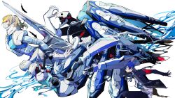  absurdres armband black_gloves blonde_hair blue_hair feathers gekkoukan_high_school_uniform gloves glowing glowing_eyes harp highres instrument messiah_(persona) orpheus_(persona) persona persona_(summon) persona_3 persona_3_reload red_armband red_eyes running school_uniform teketeke_(tasutekete) thanatos_(persona) white_hair yuuki_makoto_(persona_3) 