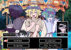  5boys alternate_costume angel angel_wings basil_(faraway)_(omori) basil_(headspace)_(omori) basil_(omori) basket black_hair black_skin blonde_hair blush character_name chibi closed_mouth colored_skin commentary dialogue_box dongyou_moon double-parted_bangs dual_persona english_text fake_halo fake_wings flower flower_wreath green_eyes green_hair hair_between_eyes halloween_costume halo hashtag-only_commentary head_wreath highres holding holding_basket jiangshi_costume male_focus multiple_boys mummy_costume omori omori_(omori) open_mouth photo_background short_hair short_sleeves sidelocks smile speech_bubble stranger_(omori) sunny_(omori) white_eyes white_skin wings 