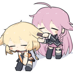  2girls ahoge asymmetrical_legwear black_shirt black_socks black_thighhighs blonde_hair blush_stickers brushing_another's_hair brushing_hair cevio chibi chibi_only closed_eyes closed_mouth commentary_request double-parted_bangs full_body hair_between_eyes highres ia_(vocaloid) kneehighs konohoshi long_hair long_hair_between_eyes long_sleeves miniskirt multiple_girls no_shoes one_(cevio) open_mouth orange_shirt orange_skirt pink_hair pink_skirt pleated_skirt shirt simple_background single_kneehigh single_sock single_thighhigh sitting skirt sleeveless sleeveless_shirt smile socks standing striped_clothes striped_socks thigh-highs uneven_legwear very_long_hair vocaloid white_background 