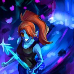 1:1 1girl 2019 2d anthro artist_logo artist_name black_eyepatch black_tank_top blue_pants blue_skin blurry blurry_background breasts cleavage colored_sclera colored_skin digital_media ear_fins eyepatch female female_only fins fish fish_girl grin head_fins high_ponytail holding holding_polearm holding_spear holding_weapon long_hair looking_at_viewer monster monster_girl outdoors pants polearm ponytail red_hair sharp_teeth smile solo spear tank_top teeth undertale undyne utdr_(toby_fox) watermark weapon willfursyahmi yellow_sclera 